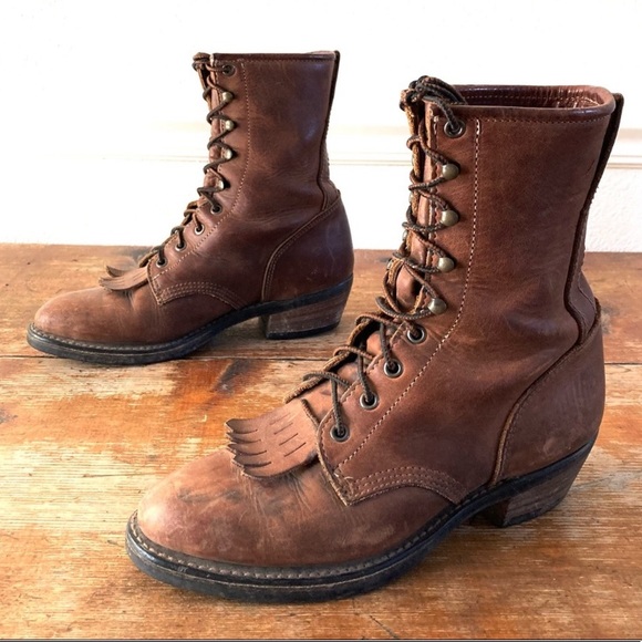 Vintage Shoes - Vintage Tall Leather Lace Up Block Heel Boots